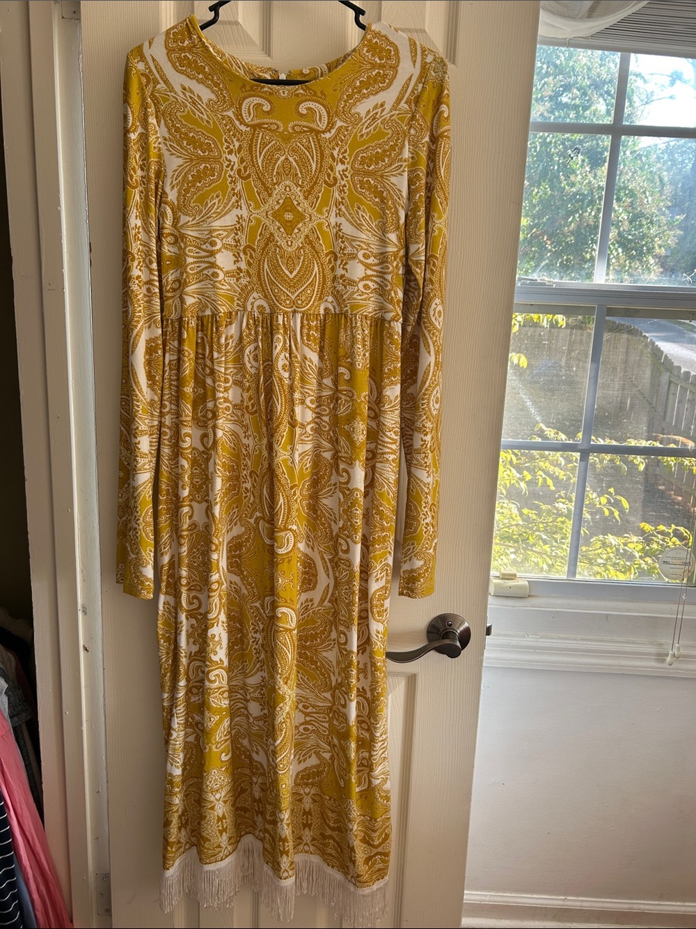 Cara Cara Mustard & White Paisley Long Sleeve Midi Dress with Fringe